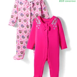 Babyoye 100% Cotton Knit Full Sleeves Sleepsuit With Eco Jiva Finish Floral Print Pack Of 2 - Pink & Dark Pink-picture-12
