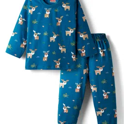 Babyhug Cotton Knit Full Sleeves Night Suit with Reindeer Print - Blue-picture-38