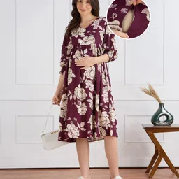 Bella Mama Woven Three Fourth Sleeves Maternity Dress With Big Floral Print - Wine-image-20