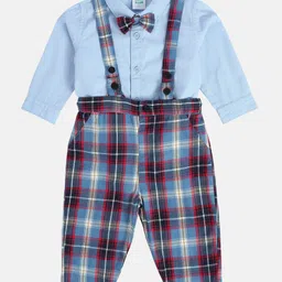 MINI KLUB Cotton Woven Full Sleeves Plaid Checked Dungaree Set - Blue-picture-29