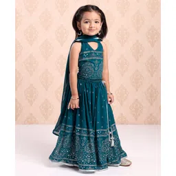 Babyhug Sleeveless Printed Choli & Lehenga Set With Dupatta - Blue image 2