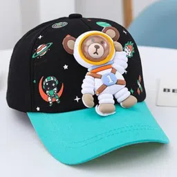 Babymoon Cotton Teddy Bear Applique Detailed & Space Theme Designed Summer Cap - Black image 2
