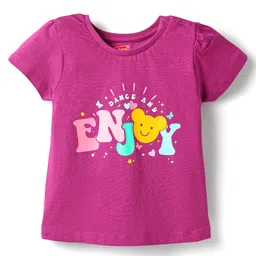 Babyhug Cotton Knit Half Sleeves Shorts Night Suit With Enjoy Text Print & Star - Dark Pink image 2