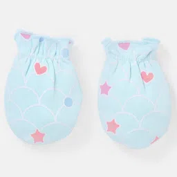 Babyhug 100% Cotton Mittens And Booties Heart & Star Print - Blue image 3
