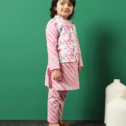 READIPRINT Full Sleeves Leheriya Designed  Cotton Kurta Pyjama With  Floral Printed Jacket - Pink image 4