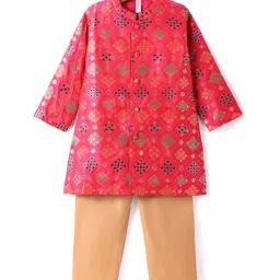 Babyhug Woven Full Sleeves Brocade Kurta With Payjama Set - Dark Pink image 3
