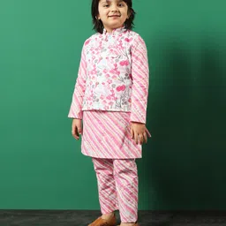 READIPRINT Full Sleeves Leheriya Designed  Cotton Kurta Pyjama With  Floral Printed Jacket - Pink image 5