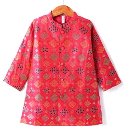 Babyhug Woven Full Sleeves Brocade Kurta With Payjama Set - Dark Pink image 4