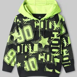 Ollington St. 100% Cotton Knit Full Sleeves Hooded Front Zipper Sweatshirt & Joggers Winter Wear Set With Text Print - Black & Lime Green image 5
