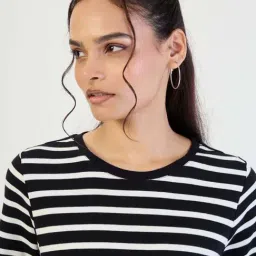 Femmella Black Cotton Relaxed Fit Striped Dress image 4