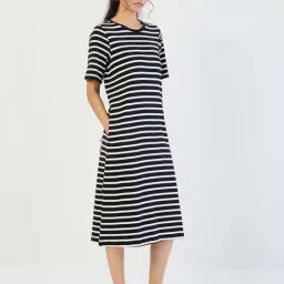 Femmella Black Cotton Relaxed Fit Striped Dress image 3