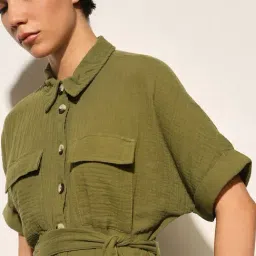 Only Olive Cotton Solid Shirt Dress image 5