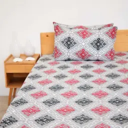 Ariana Grey & Red Cotton 144 TC Single Bedsheet With 1 Pillow Cover-image-45