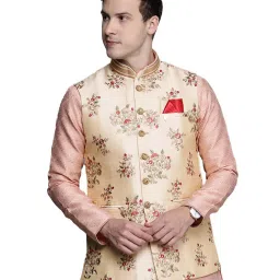 Manyavar Beige Floral Print Nehru Jacket image 1