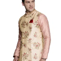 Manyavar Beige Floral Print Nehru Jacket image 3