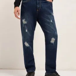 The Bear House Blue Cotton Relaxed Fit Distressed Jeans-image-80