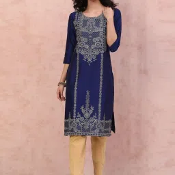 Rangriti Blue Printed Straight Kurta image 1