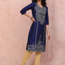 Rangriti Blue Printed Straight Kurta image 4