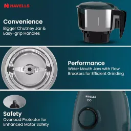 Havells ESO 750 W Mixer Grinder with 4 Jar Teal, GHFMGELK075 image 3