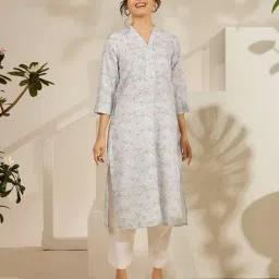 Daali Sky Blue Poly Linen V Neck Collar Patti 3/4 Sleeves Pastel Bling Kurta with Two Pockets-picture-10