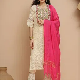 Tulsattva Floral Printed Thread Work Pure Cotton Kurta With Trousers & Dupatta-picture-26