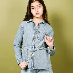 Lilpicks Couture Full Sleeves Solid Button Down Shirt Collar Belted Denim Jacket - Blue-picture-14