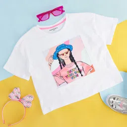 Pantaloons Junior  Half Sleeves Girl Printed Top  - White-picture-33