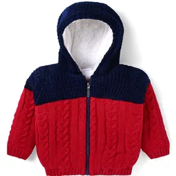 Babyhug Knitted Full Sleeves Front Open Hooded Sweater With Cable Knit Design - Red & Black-picture-24