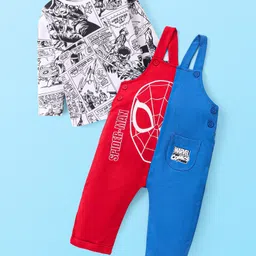 babyhug disney Babyhug Marvel Cotton Knit Full Sleeves Spider Man Graphic T-Shirt & Full Length Cut & Sew Dungaree Set - Red & Navy Blue-picture-15