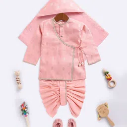 Vastramay Full Sleeves Ethnic Foil Printed Kurta With Kantha Work Detailed DhotiSwaddle & Booties Set - Pink-picture-22