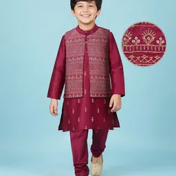 Pine Kids Woven Full Sleeves Floral Printed Kurta Pyjama Set with Emboroidered Nehru Jacket - Maroon-picture-37