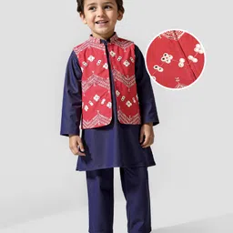 Babyhug Woven Full Sleeves Kurta & Pajama Set with Mirror Work & Embroidered Waistcoat - Navy Blue-picture-12