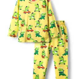 Babyhug Cotton Knit Full Sleeves Co-Ords Night Suit With Dino Print - Yellow-picture-36