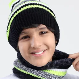 Pine Kids Knit Woollen Cap and Muffler Set with Stripes Design Black & White - Diameter 18 cm-image-12