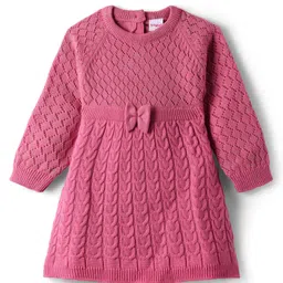 Babyhug Knit Full Raglan Sleeves Knee Length Solid Coloured Woollen Dress With Bow Applique - Pink-image-18