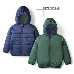 Babyhug Woven Full Sleeves Solid Coloured Reversible Padded Hooded Jacket - Navy Blue & Green-picture-28