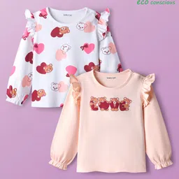 Babyoye 100% Cotton Knit Full Sleeves T-Shirts With Animal Print with Frill Detailing Pack of 2 - White & Peach-image-46