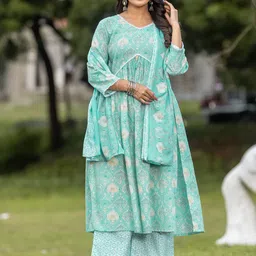 VORHIZA Ethnic Motifs Printed V-Neck Empire A-Line Kurta With Palazzo With Dupatta-picture-39