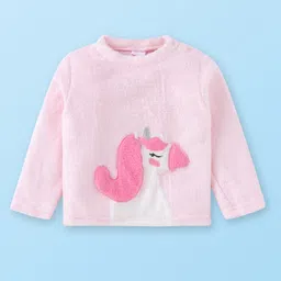 Babyhug Velour Knit Full Sleeves Winter Wear Night Suit with UnicornApplique - Pink image 2