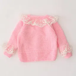 Woonie Full Sleeves Handknitted Lace Detail Sweater - Pink image 3