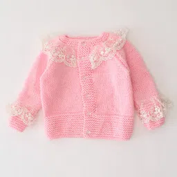 Woonie Full Sleeves Handknitted Lace Detail Sweater - Pink image 4