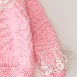 Woonie Full Sleeves Handknitted Lace Detail Sweater - Pink image 5