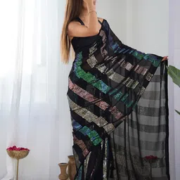 ODETTE Women Black Georgette Sequinned Embellished Saree With Unstitched Blouse image 3
