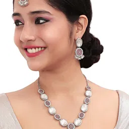 VATSALYA creation Alloy Gold- plated Purple Silver White Jewellery Set image 1