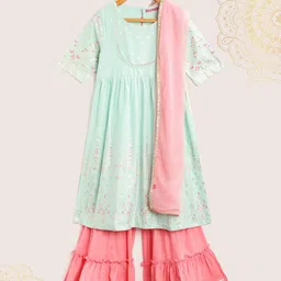 Biba Girls Sea Green & Peach-Coloured Printed A-Line Kurta with Sharara & Dupatta-picture-11
