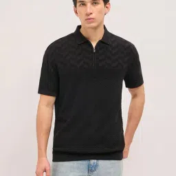 The Bear House Black Cotton Woven Design Regular Fit Polo T-Shirt image 1