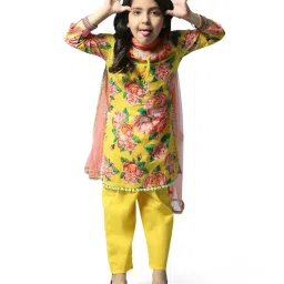 Biba Girls Yellow & Pink Cotton Floral Print Kurta Set image 1