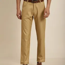 Sojanya Khaki Cotton Regular Slim Fit Flat Front Trousers image 1