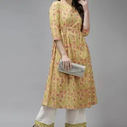 Indo Era Yellow Cotton Floral Print A Line Kurta image 1