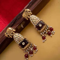 PANASH Gold-Plated Artificial Stones Studded & Beaded Contemporary Shaped Drop Earrings-picture-31